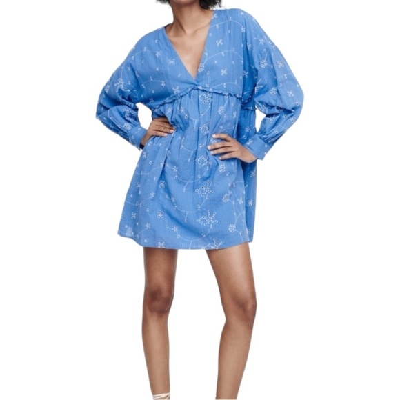 Zara NWOT Embroidered Mini Dress Size Medium Blue Babydoll Bohemian - Picture 1 of 8